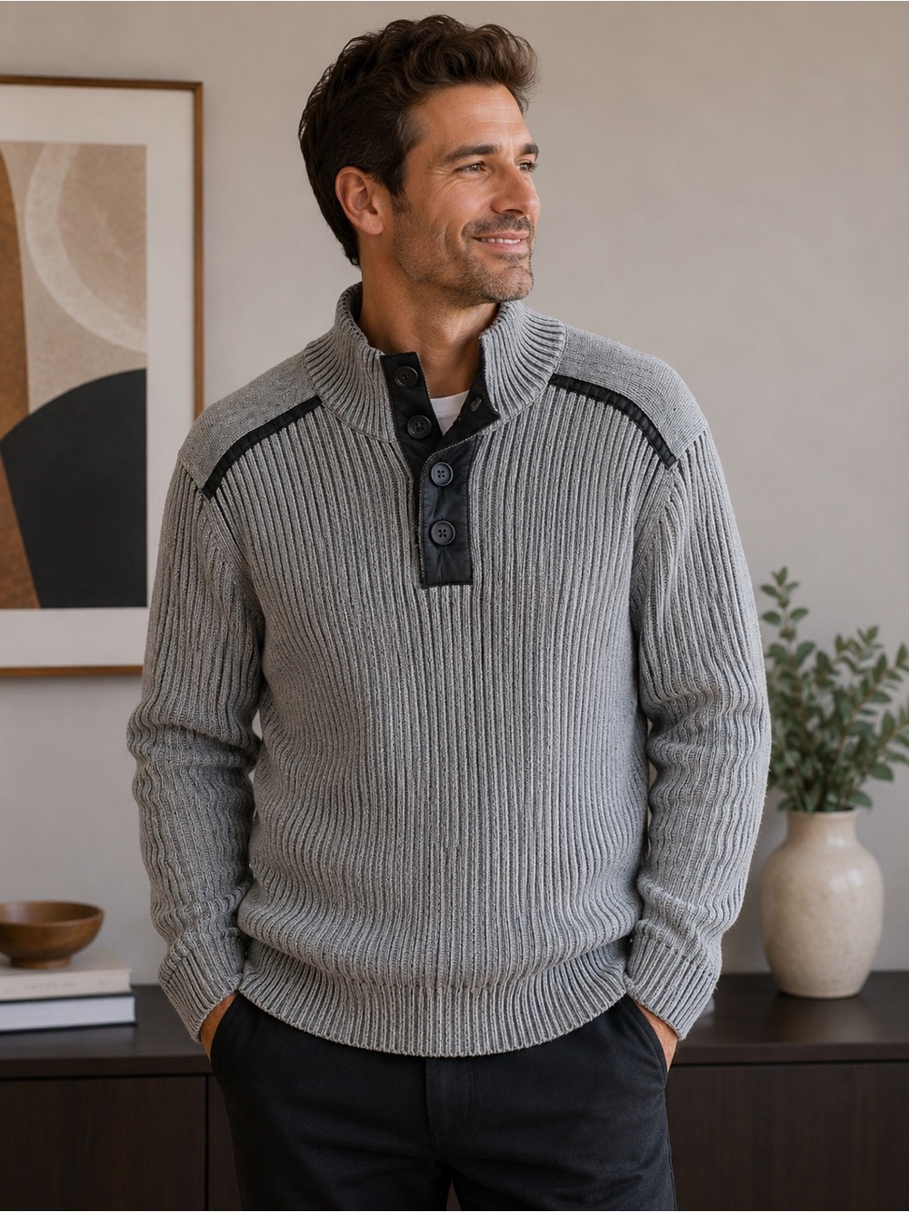 INC International Concepts Gray Ribbed Zip-Up Button Mock-Neck Sweater